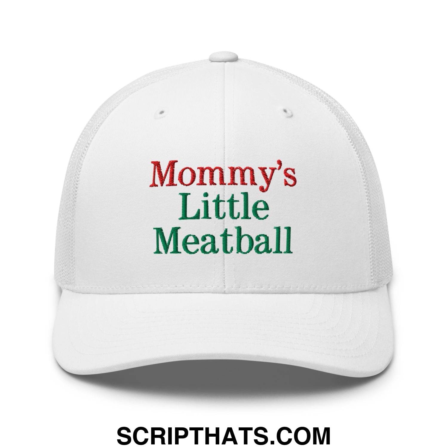 White mesh trucker hat embroidered with mommy’s little meatball text in red and green thread