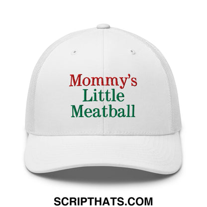 White mesh trucker hat embroidered with mommy’s little meatball text in red and green thread