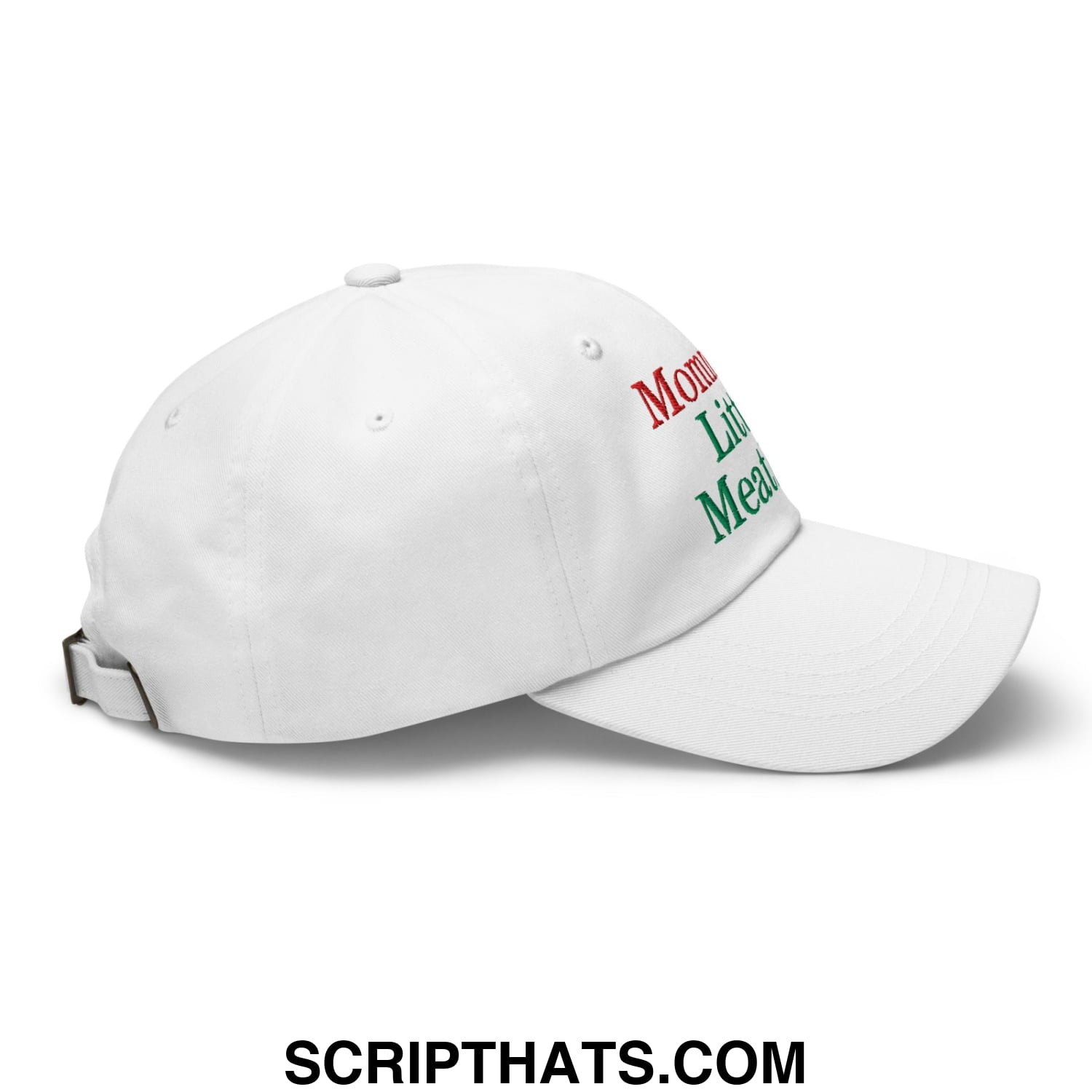 White unstructured dad hat with embroidered mom’s life meal text in red and green thread for casual wear