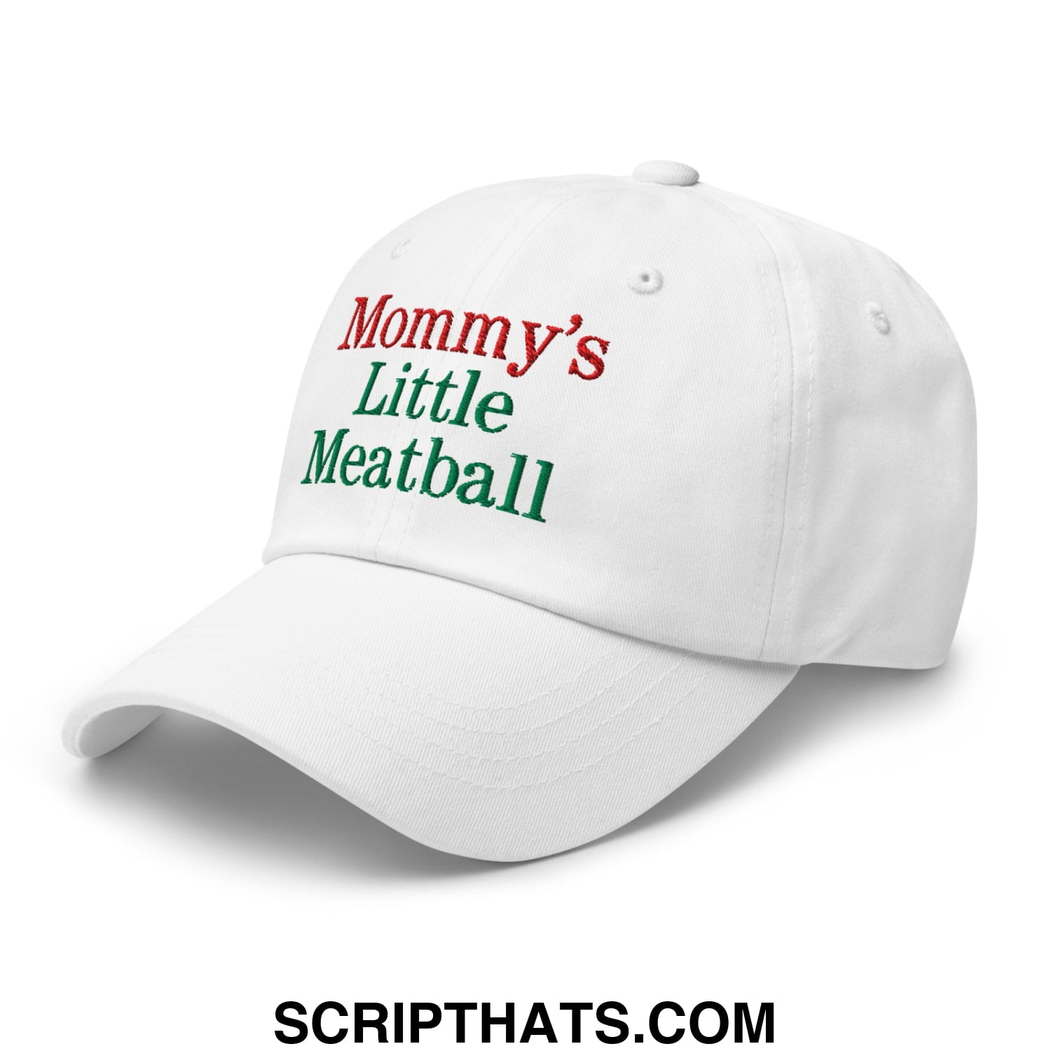 White unstructured dad hat with mommy’s little meatball embroidered in red and green thread
