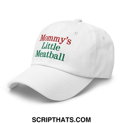 White unstructured dad hat with mommy’s little meatball embroidered in red and green thread