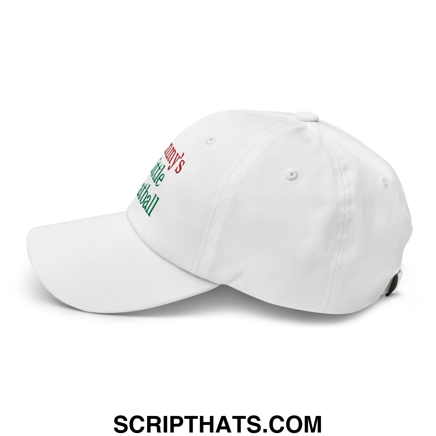 White unstructured dad hat with mummy’s little football embroidered in red and green thread on front