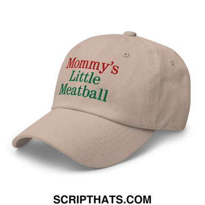 Beige unstructured dad hat with embroidered red and green mommy’s little meatball text in cotton fabric