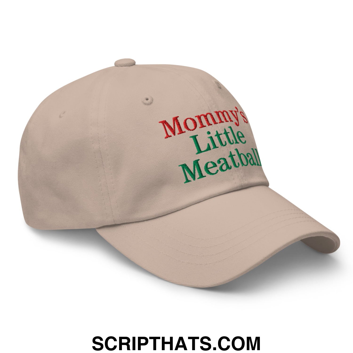 Beige unstructured dad hat with embroidered red and green text mommy’s little meatball in bold lettering