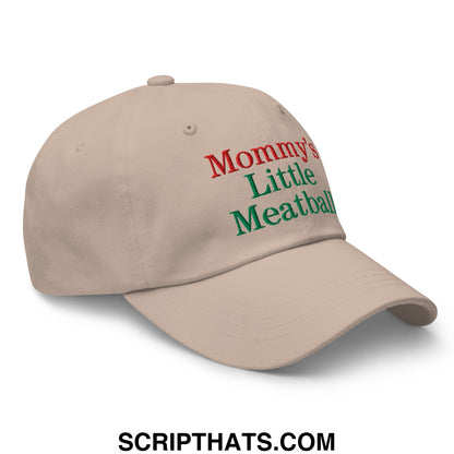 Beige unstructured dad hat with embroidered red and green text mommy’s little meatball in bold lettering