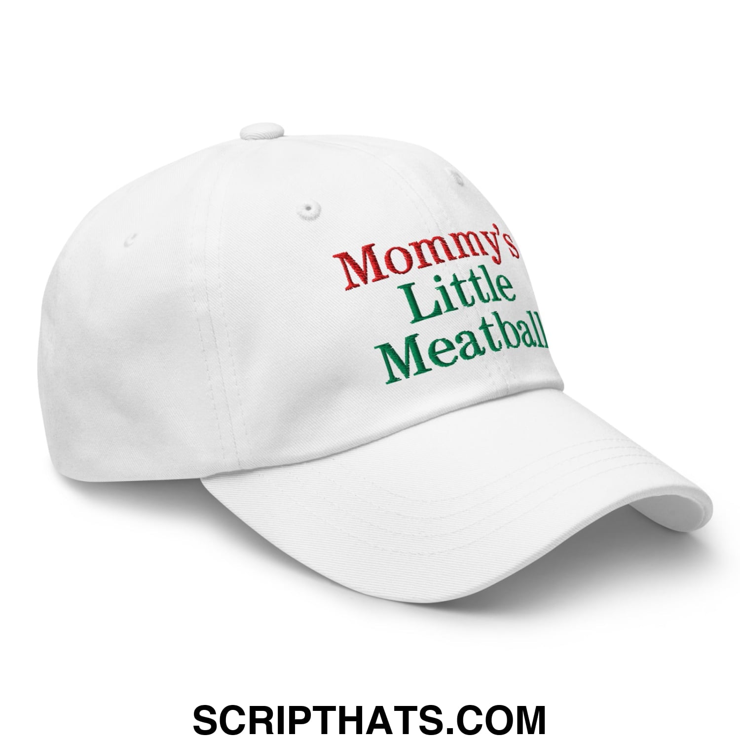 White unstructured dad hat with embroidered mommy’s little meatball text in red and green thread