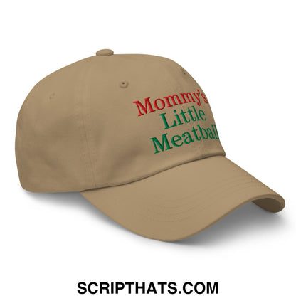 Beige unstructured dad hat with embroidered mommy’s little meatball text in red and green thread