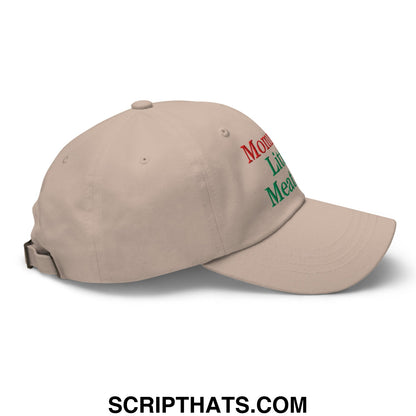 Beige unstructured dad hat with embroidered red and green mom life means text on the side from mommy’s little meatball