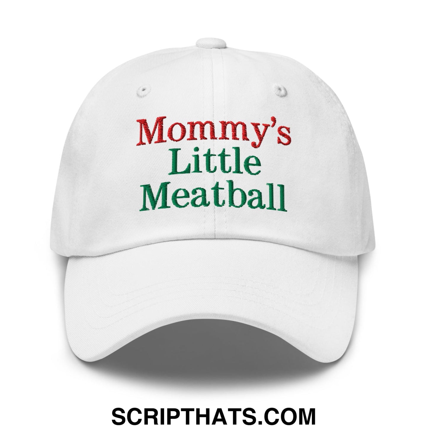 White unstructured dad hat with embroidered mommy’s little meatball text in red and green thread