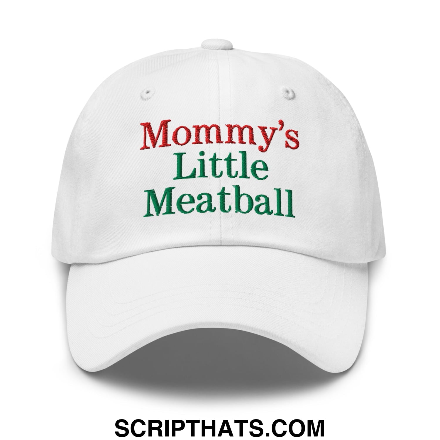 White unstructured dad hat with embroidered mommy’s little meatball text in red and green thread