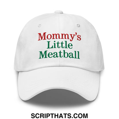 White unstructured dad hat with embroidered mommy’s little meatball text in red and green thread