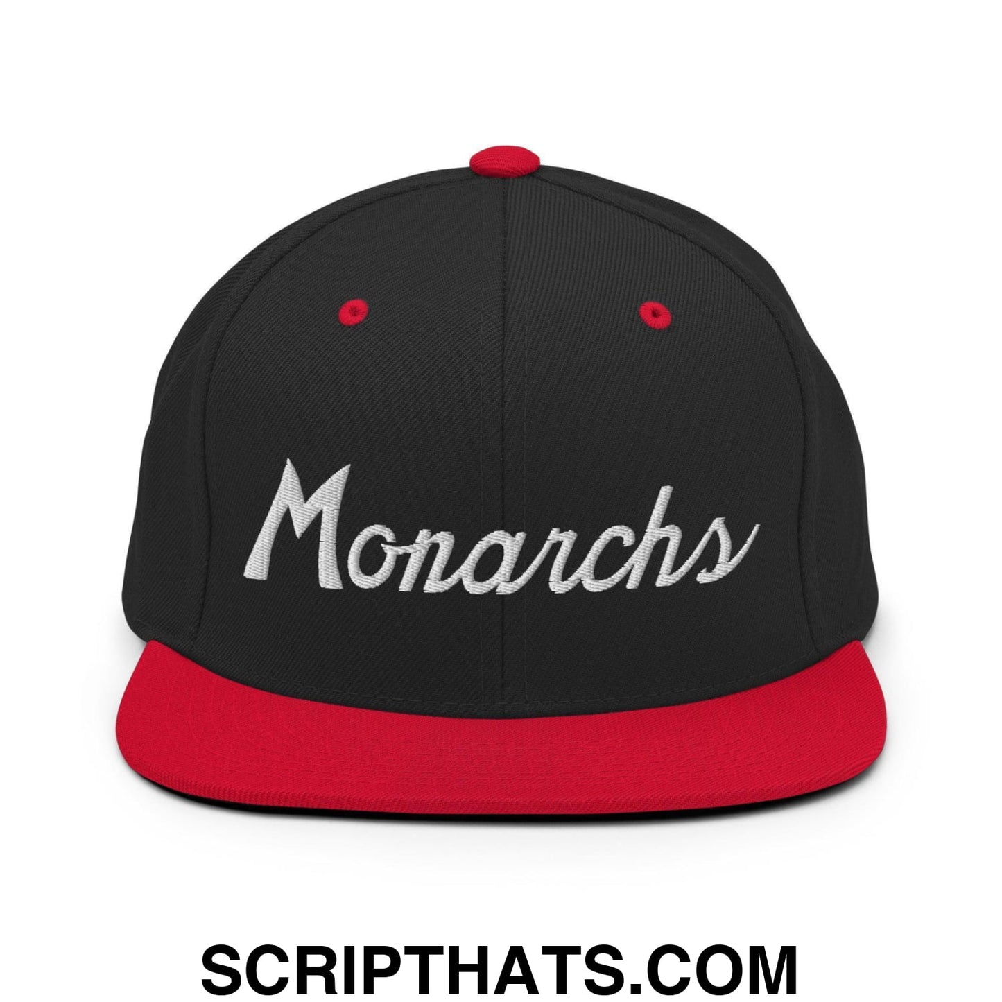 Monarchs School Mascot Script Snapback Hat Black Red