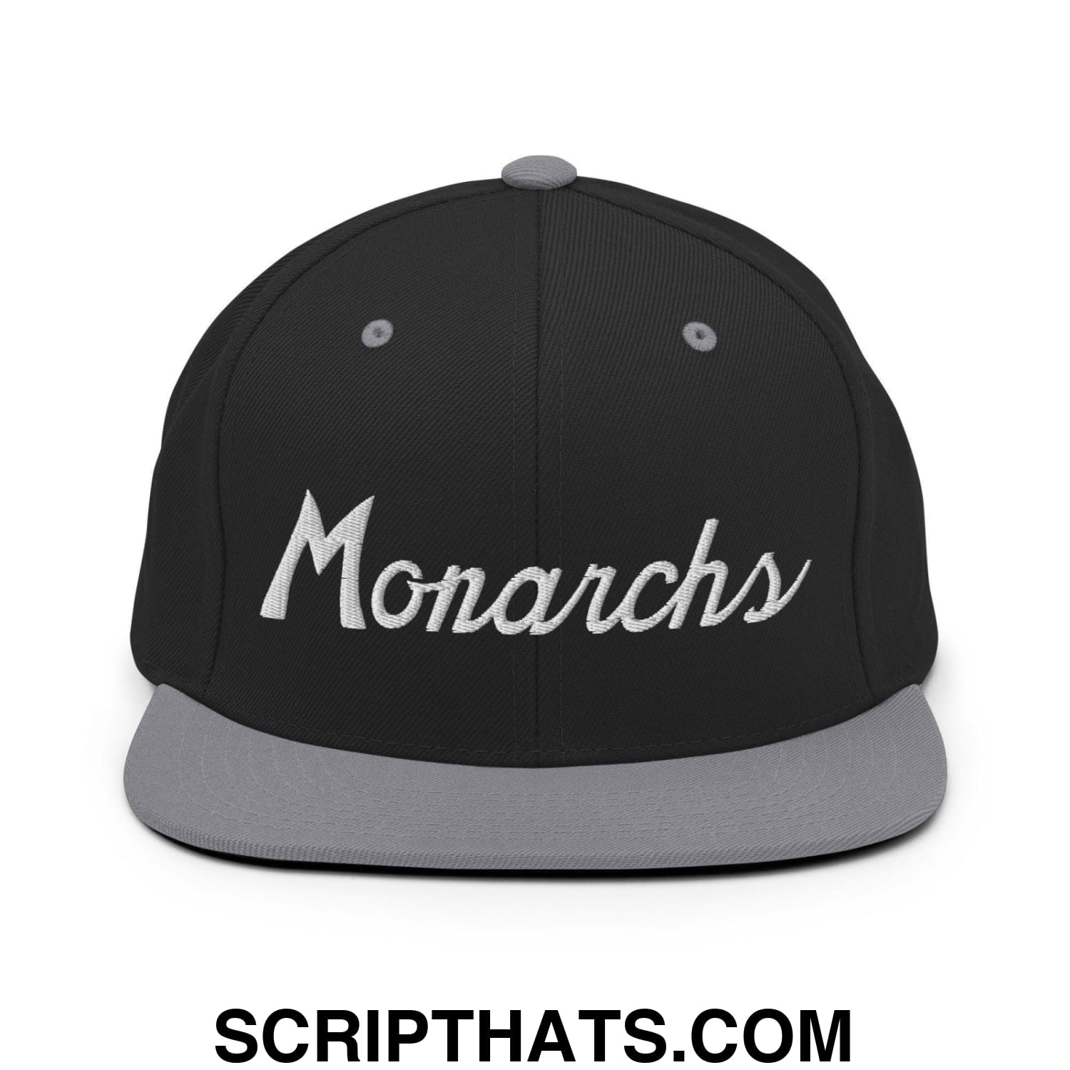 Monarchs School Mascot Script Snapback Hat Black Silver