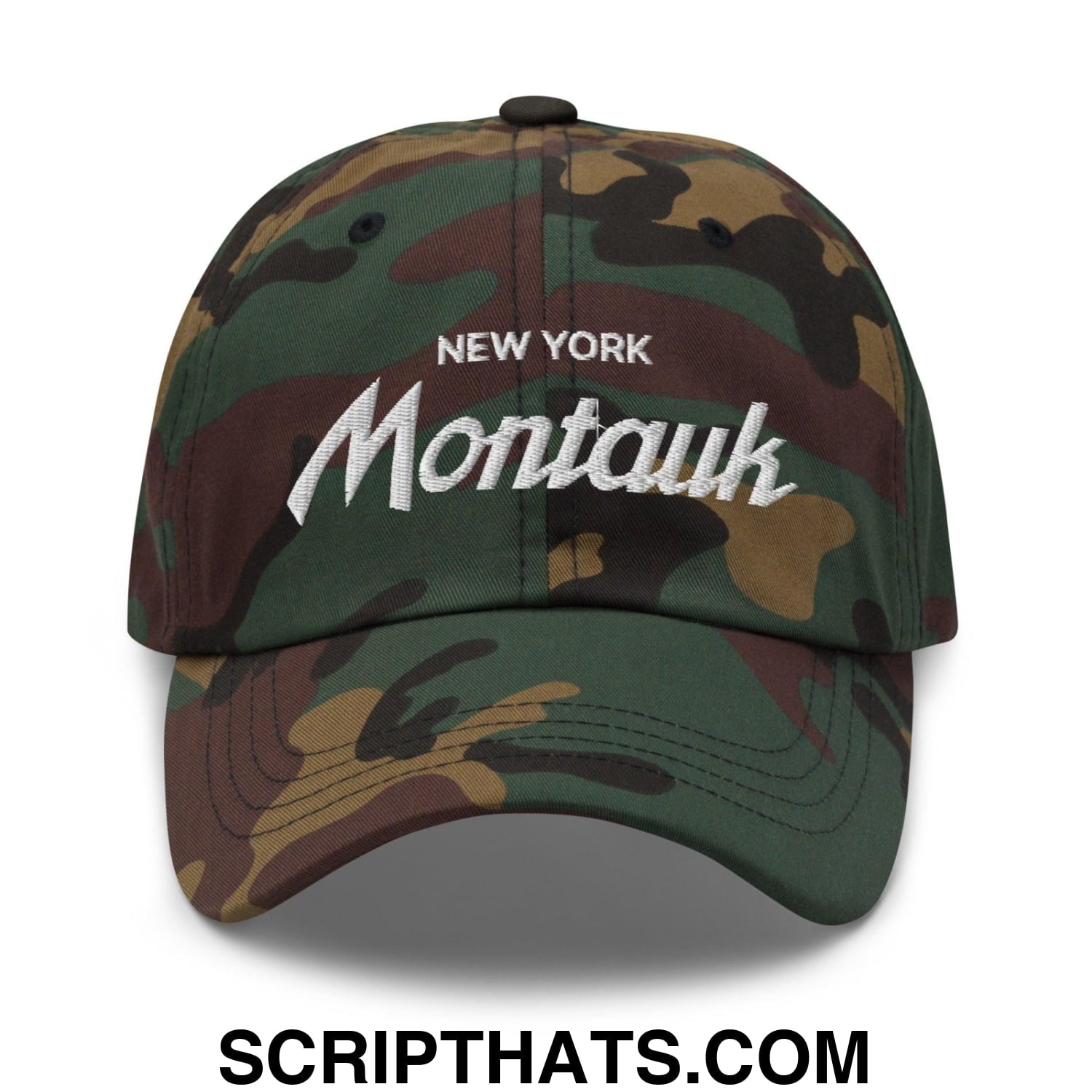 Montauk II Vintage Sports Script Dad Hat Green Camo