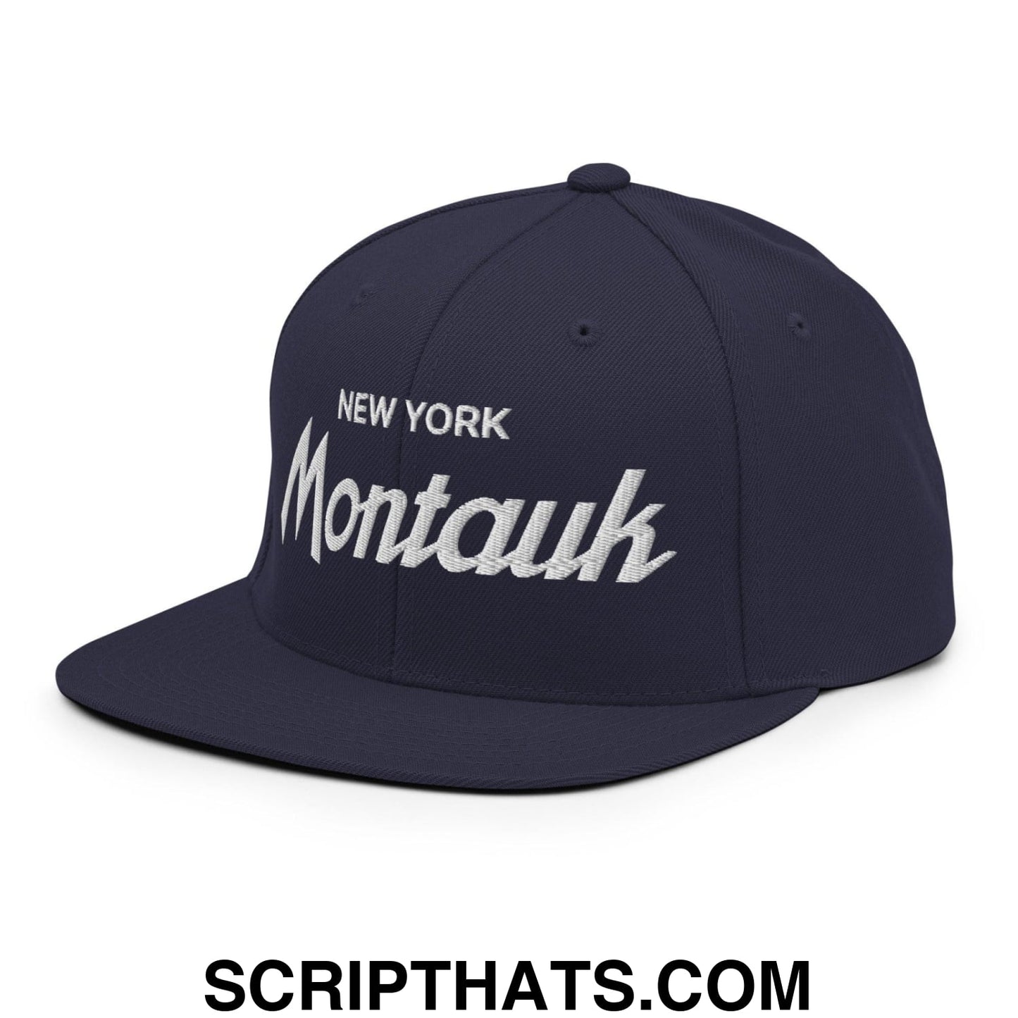 Montauk II Vintage Sports Script Snapback Hat Navy