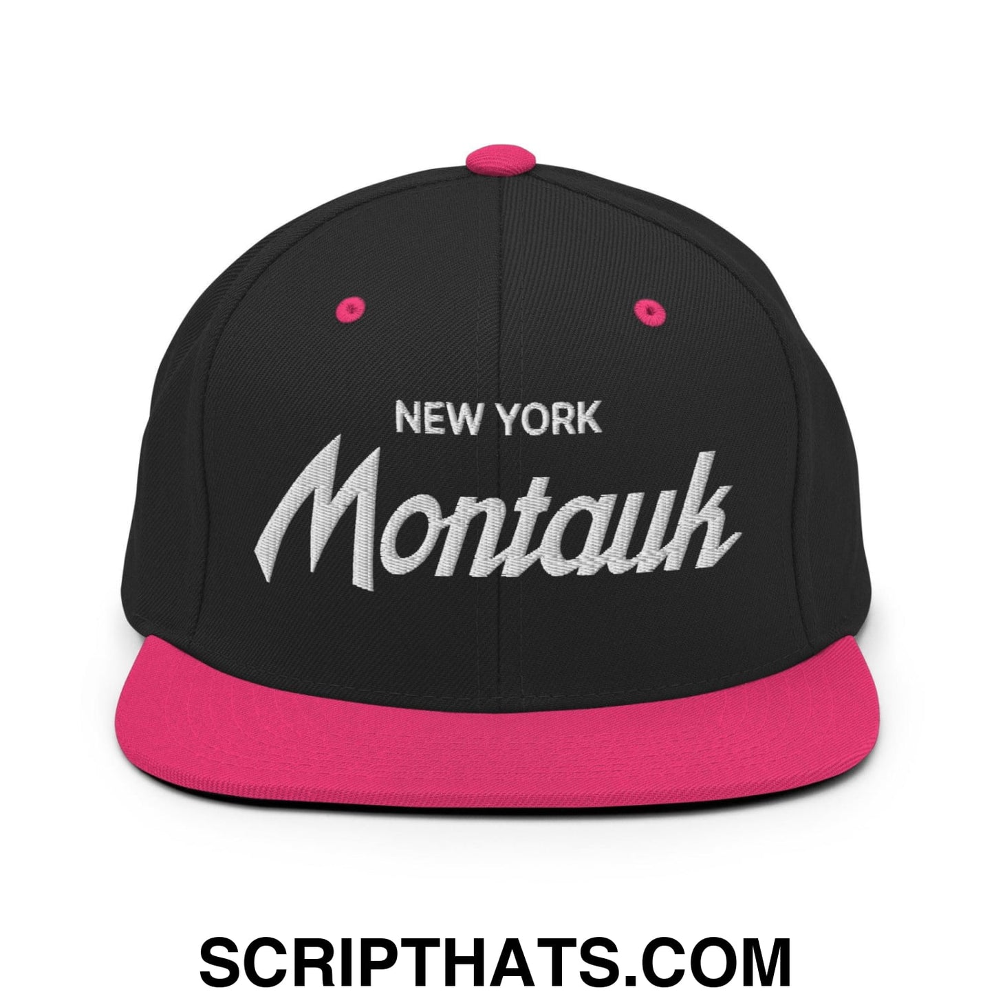Montauk II Vintage Sports Script Snapback Hat Black Neon Pink