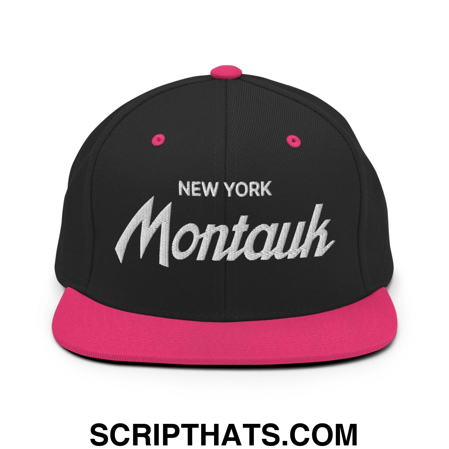 Montauk II Vintage Sports Script Snapback Hat Black Neon Pink