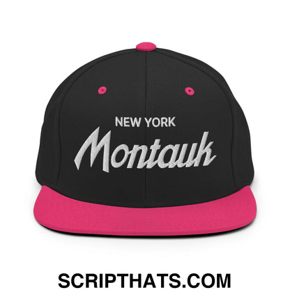 Montauk II Vintage Sports Script Snapback Hat Black Neon Pink
