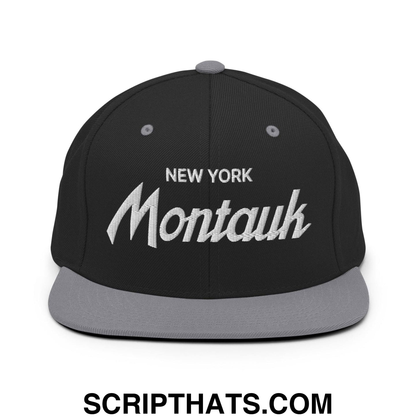 Montauk II Vintage Sports Script Snapback Hat Black Silver