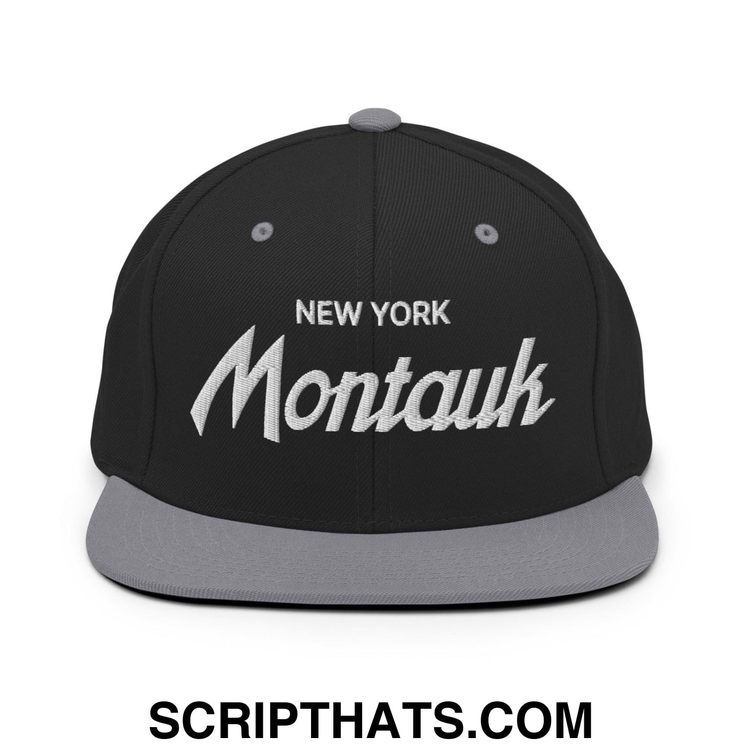 Montauk II Vintage Sports Script Snapback Hat Black Silver