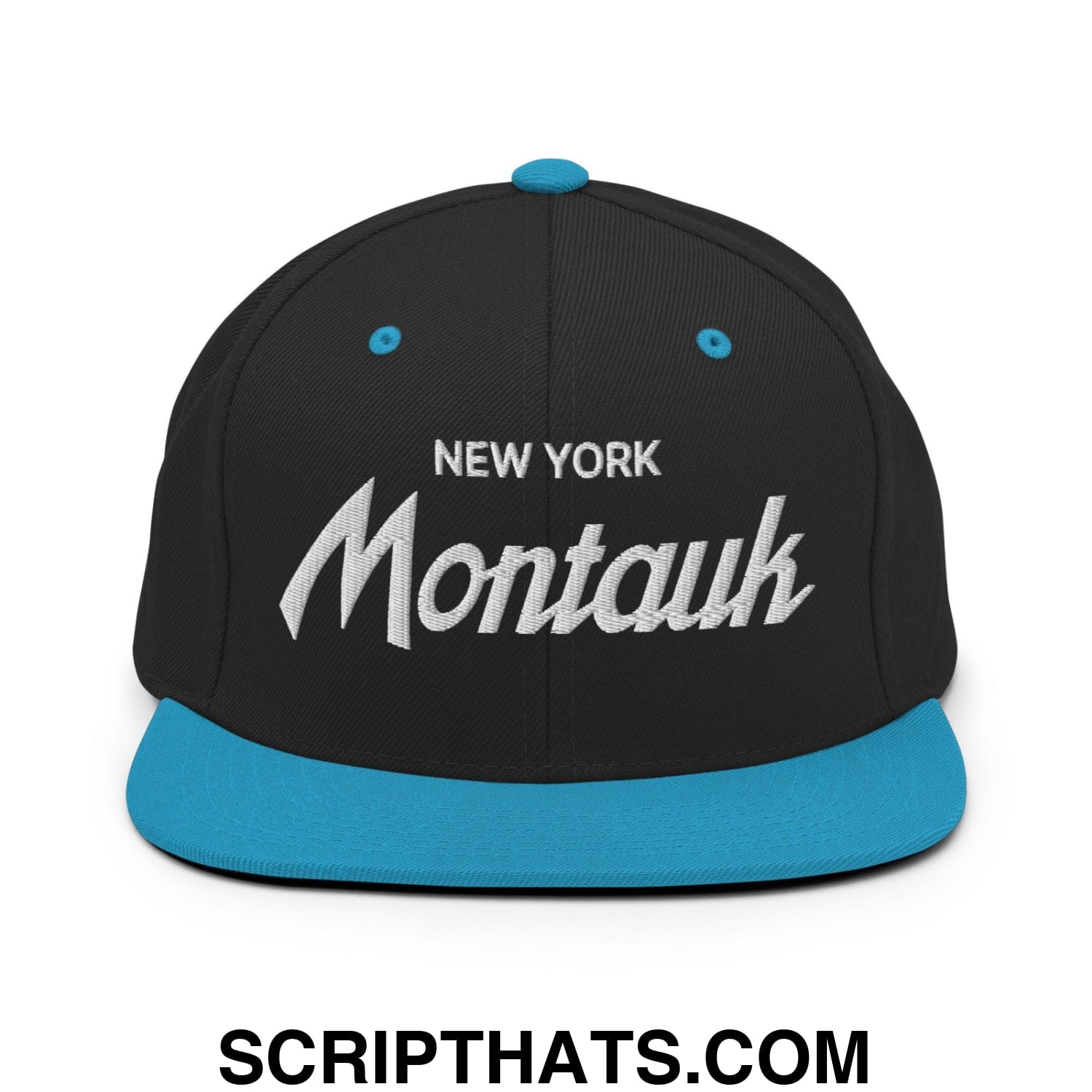 Montauk II Vintage Sports Script Snapback Hat Black Teal