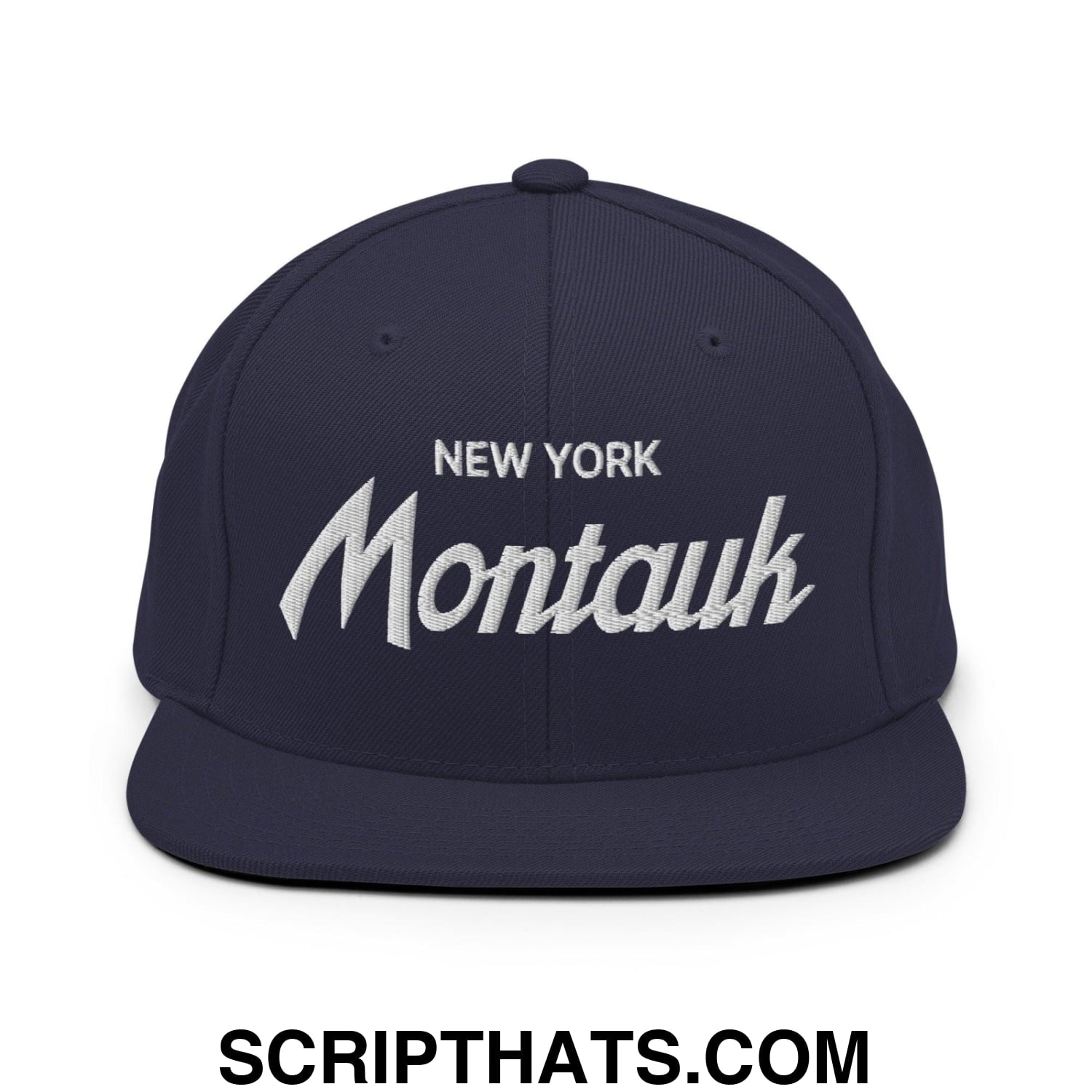 Montauk II Vintage Sports Script Snapback Hat Navy