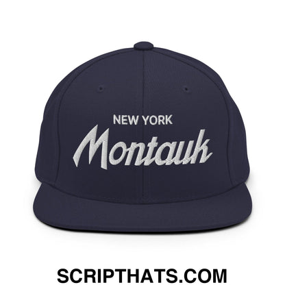 Montauk II Vintage Sports Script Snapback Hat Navy