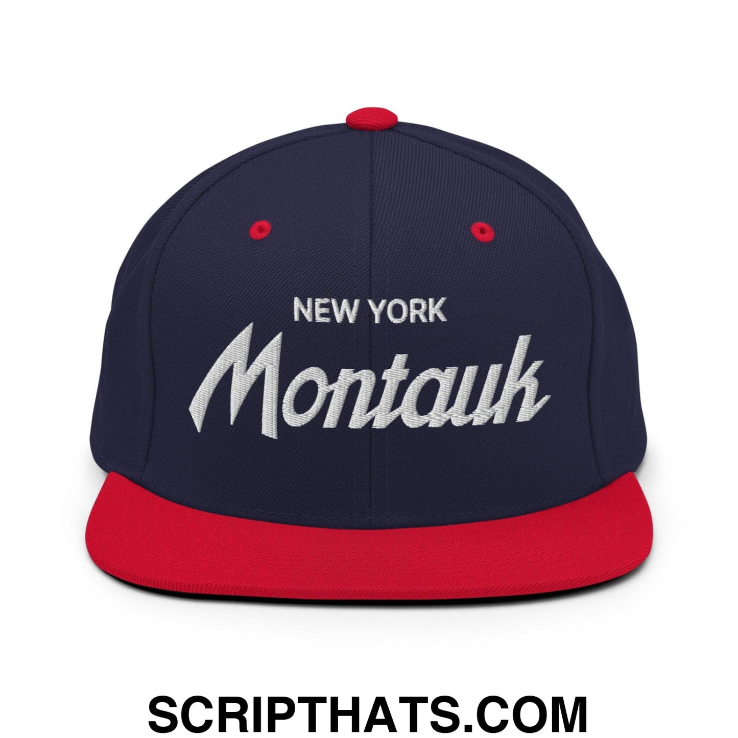 Montauk II Vintage Sports Script Snapback Hat Navy Red