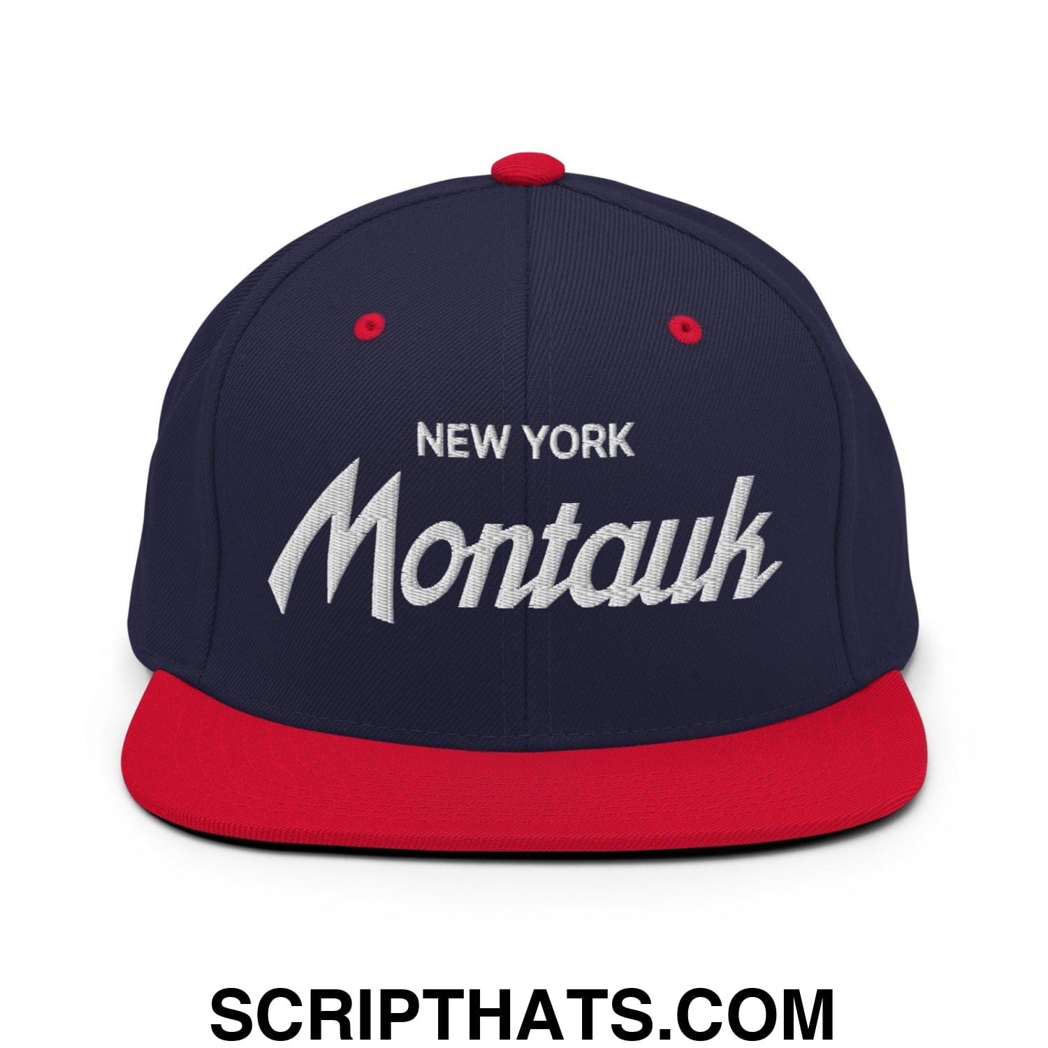Montauk II Vintage Sports Script Snapback Hat Navy Red