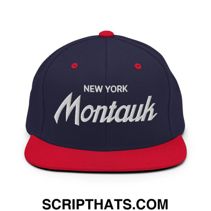 Montauk II Vintage Sports Script Snapback Hat Navy Red