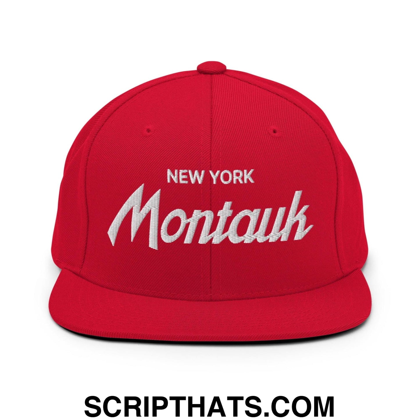 Montauk II Vintage Sports Script Snapback Hat Red