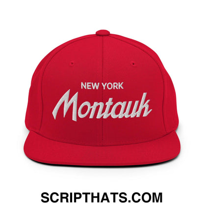 Montauk II Vintage Sports Script Snapback Hat Red