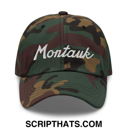 Montauk III Vintage Sports Script Dad Hat Green Camo
