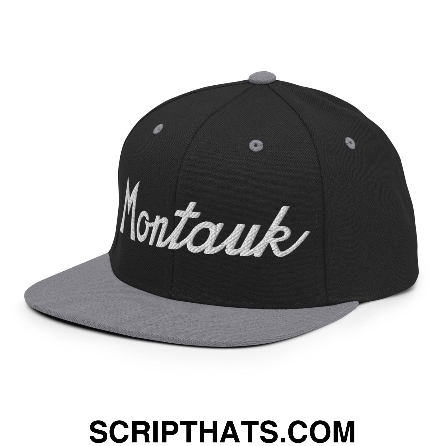 Montauk III Vintage Sports Script Snapback Hat Black Silver