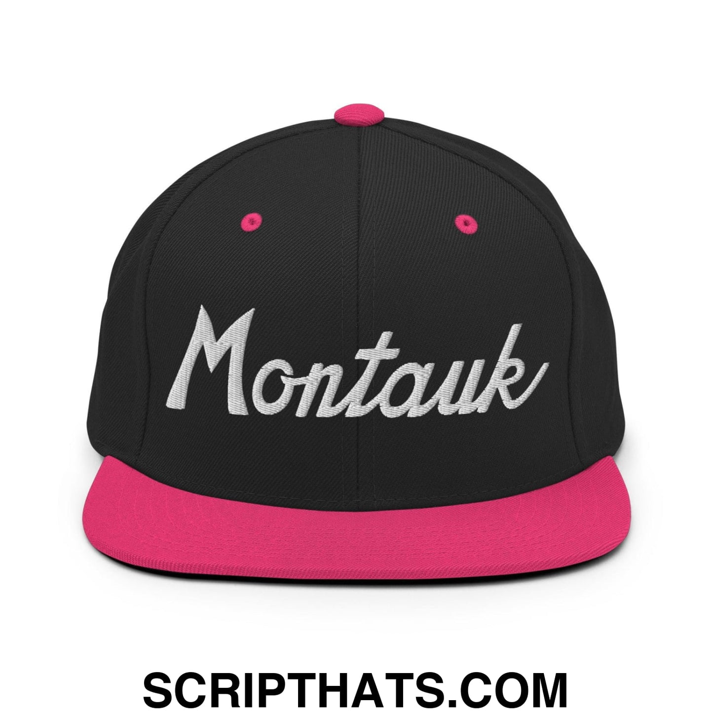 Montauk III Vintage Sports Script Snapback Hat Black Neon Pink
