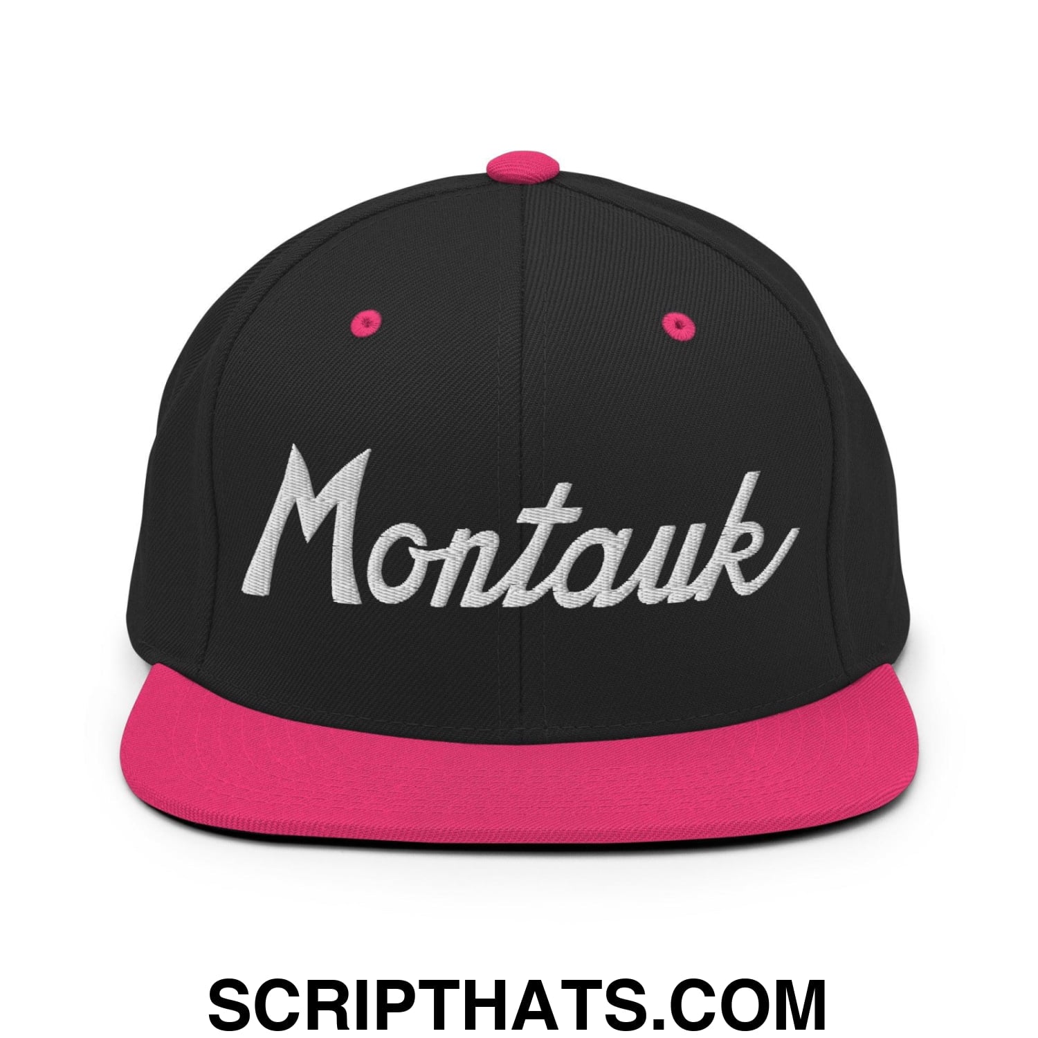 Montauk III Vintage Sports Script Snapback Hat Black Neon Pink