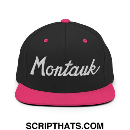 Montauk III Vintage Sports Script Snapback Hat Black Neon Pink