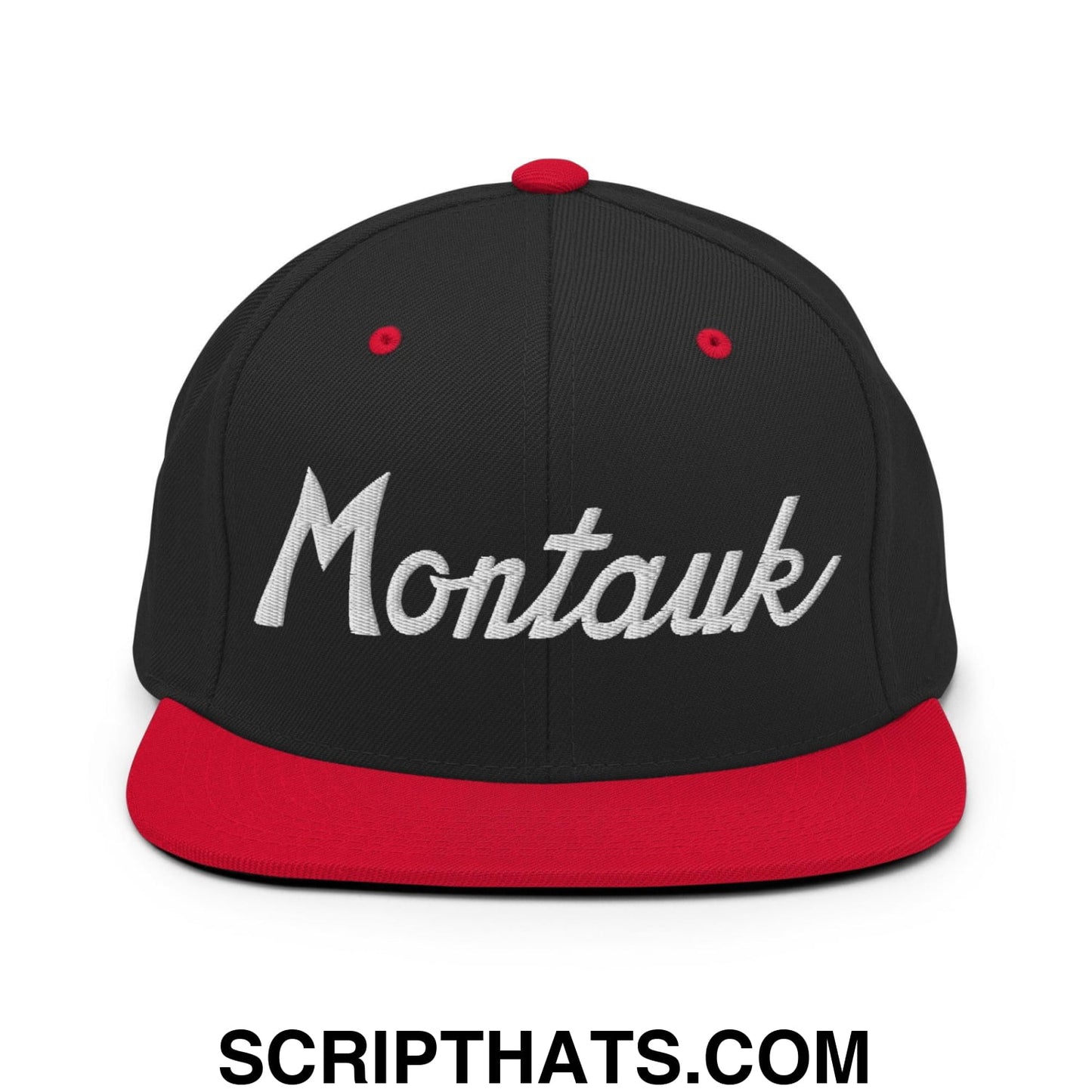 Montauk III Vintage Sports Script Snapback Hat Black Red