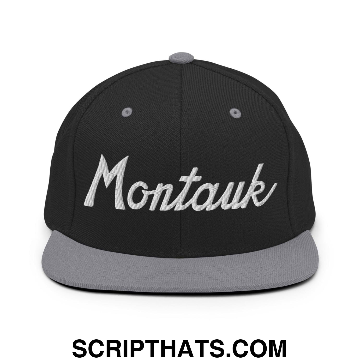 Montauk III Vintage Sports Script Snapback Hat Black Silver