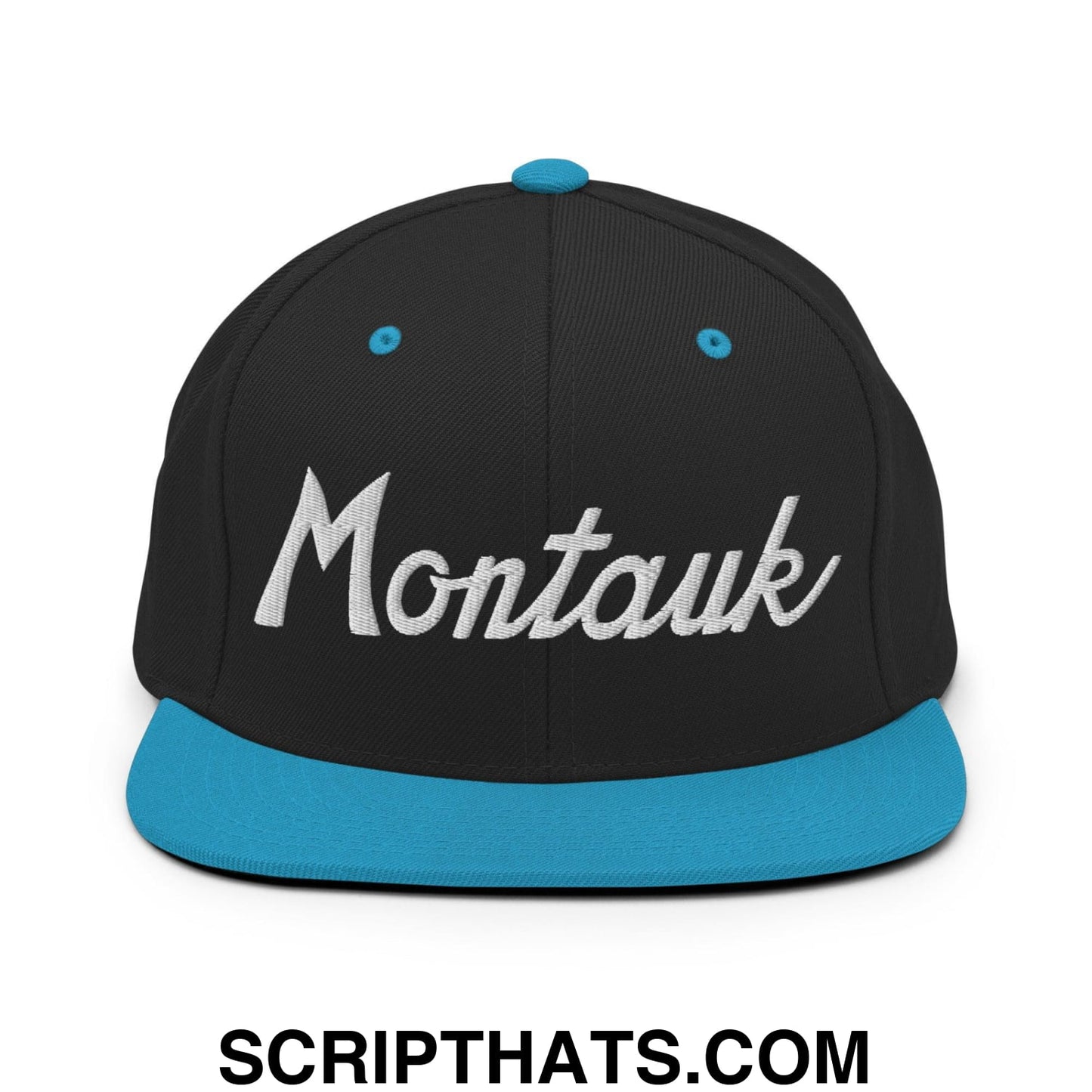 Montauk III Vintage Sports Script Snapback Hat Black Teal