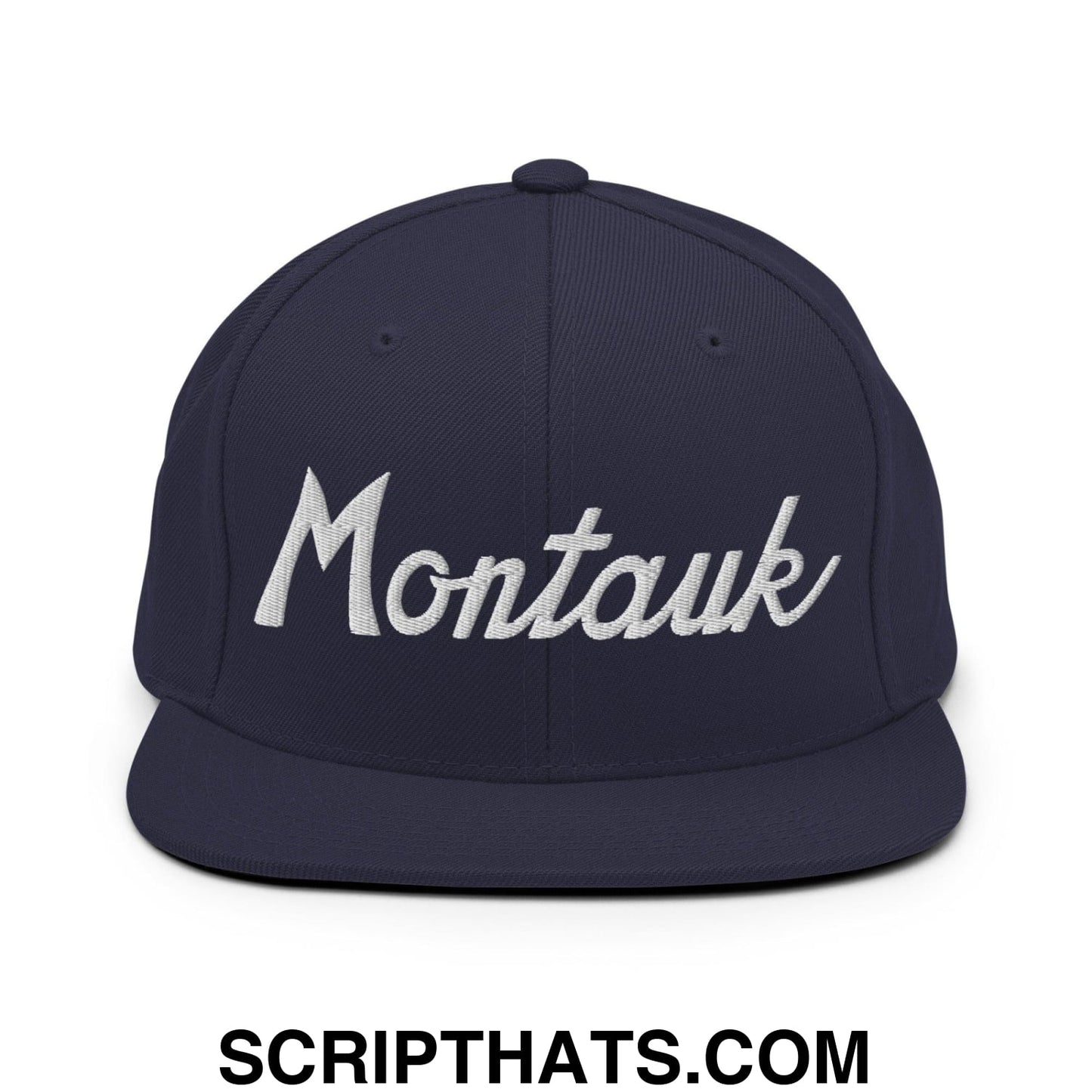 Montauk III Vintage Sports Script Snapback Hat Navy