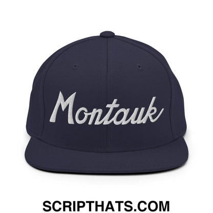 Montauk III Vintage Sports Script Snapback Hat Navy