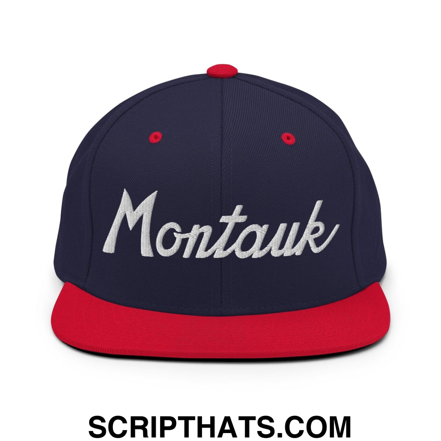 Montauk III Vintage Sports Script Snapback Hat Navy Red