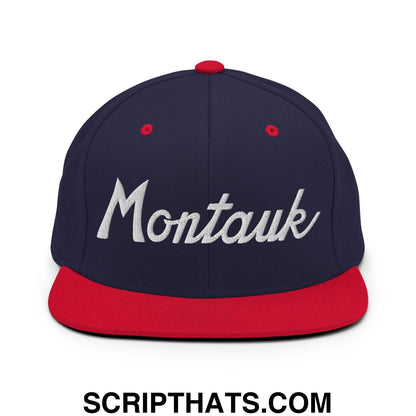 Montauk III Vintage Sports Script Snapback Hat Navy Red