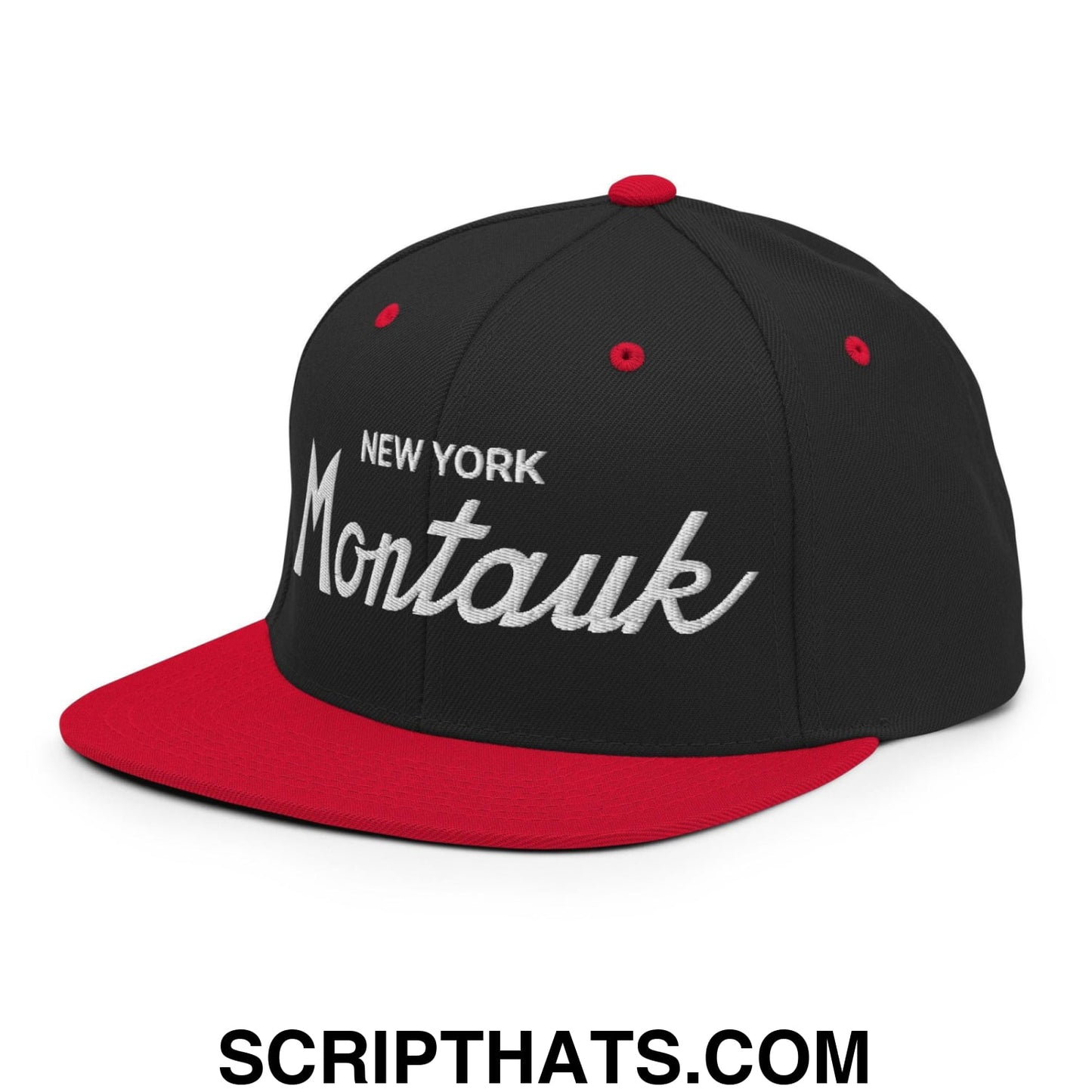 Montauk IV Vintage Sports Script Snapback Hat Black Red