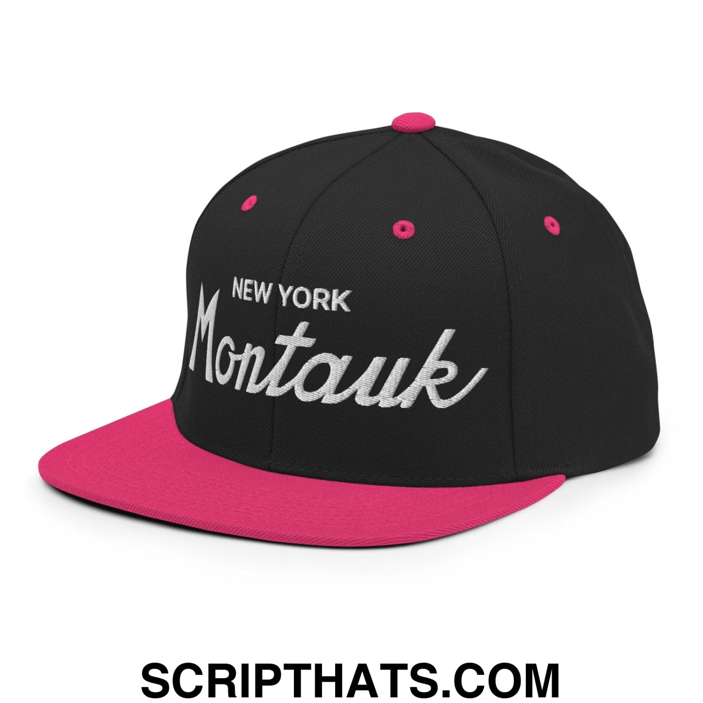 Montauk IV Vintage Sports Script Snapback Hat Black Neon Pink