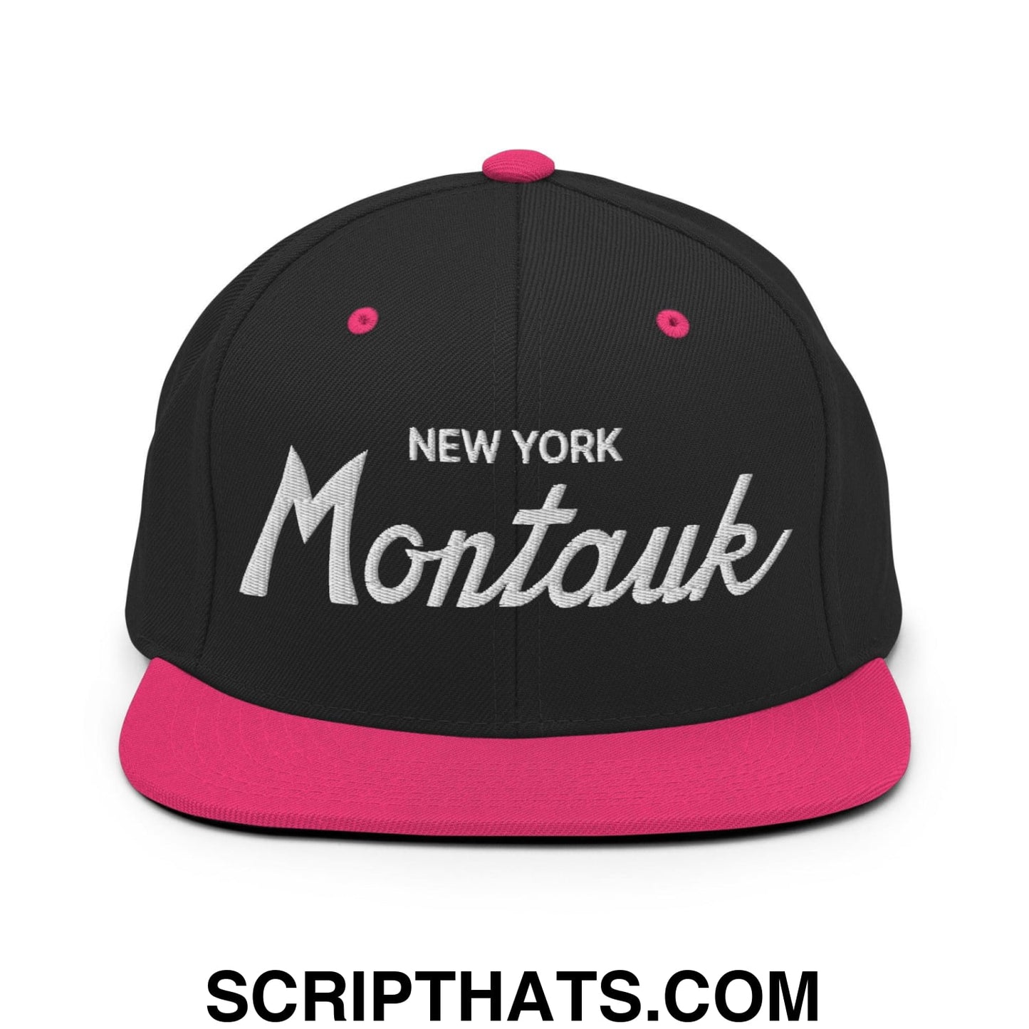 Montauk IV Vintage Sports Script Snapback Hat Black Neon Pink