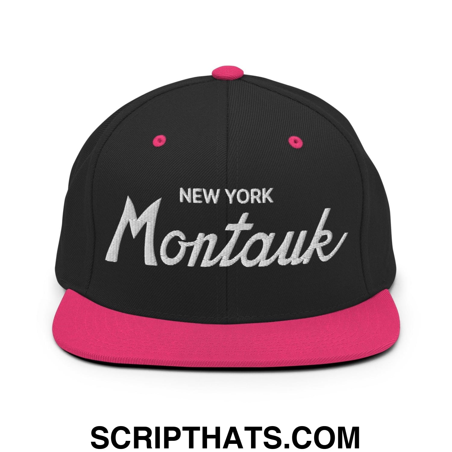 Montauk IV Vintage Sports Script Snapback Hat Black Neon Pink
