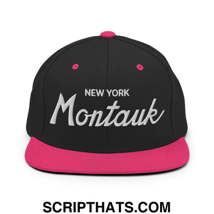 Montauk IV Vintage Sports Script Snapback Hat Black Neon Pink
