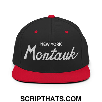 Montauk IV Vintage Sports Script Snapback Hat Black Red